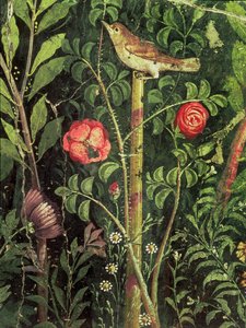 Pintura mural de un pájaro en un jardín, Pompeya, siglo I d.C.